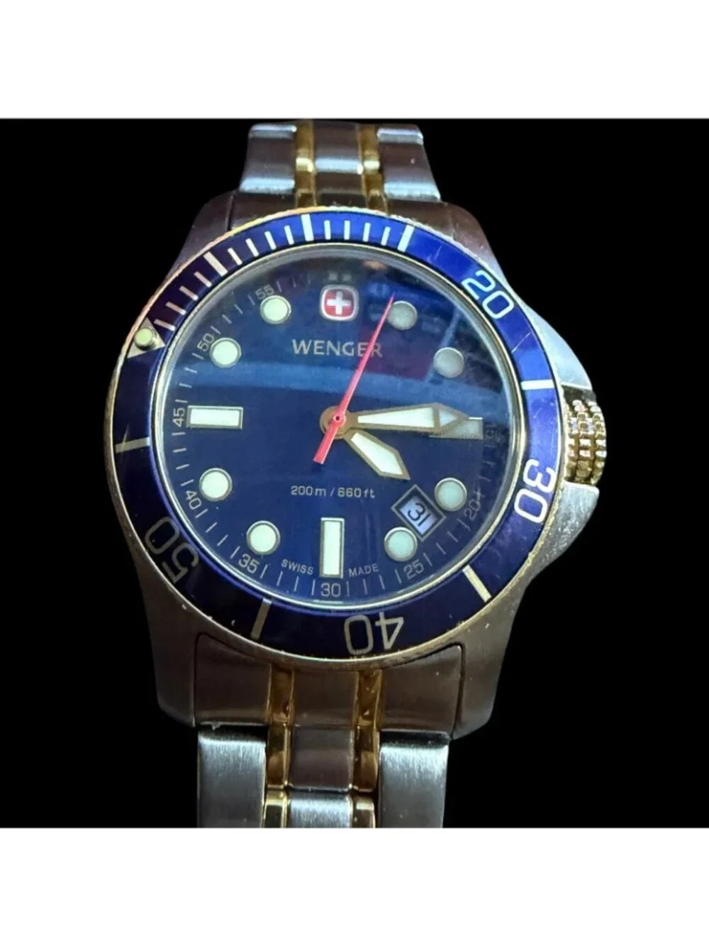 Wenger Swiss Military Diver Watch Blue Dial Two-Tone Bracelet 200m Quartz Men's